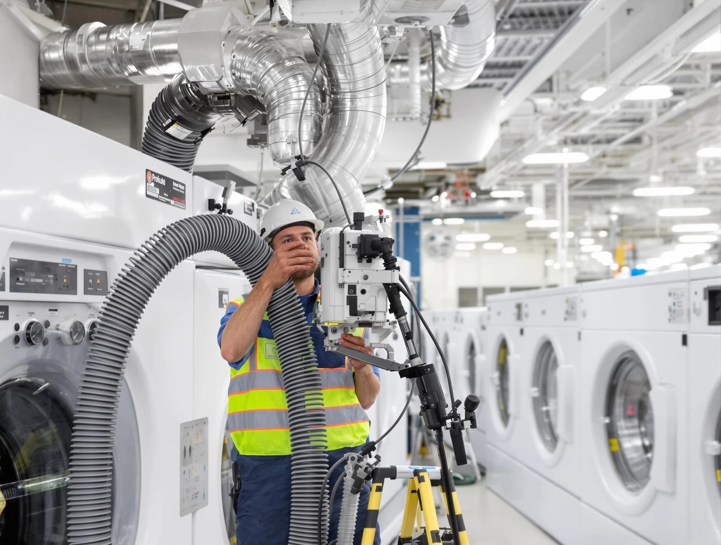Santaquin Dryer Vent Cleaning team performing commercial-grade dryer vent cleaning at a business facility in Santaquin