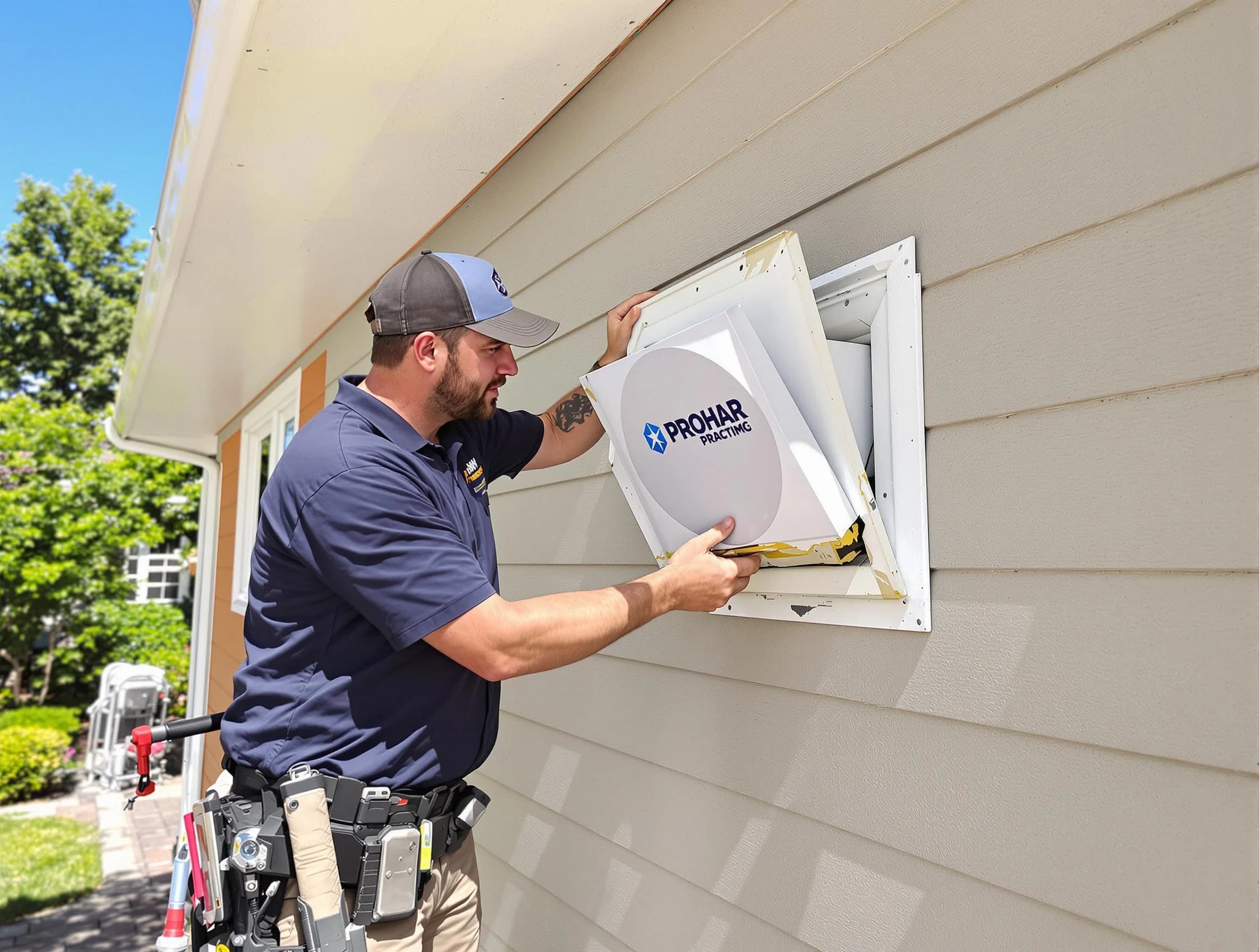 Santaquin Dryer Vent Cleaning technician installing a new protective dryer vent cover on a home in Santaquin