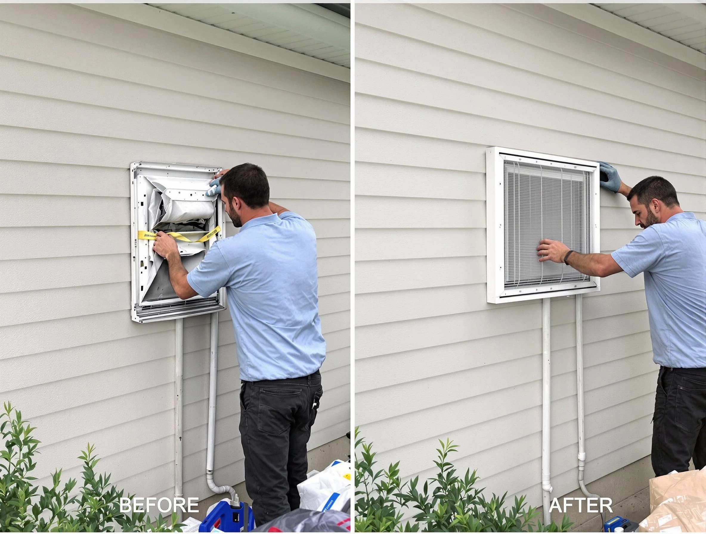 Santaquin Dryer Vent Cleaning technician installing high-quality dryer vent cover at a residential property in Santaquin