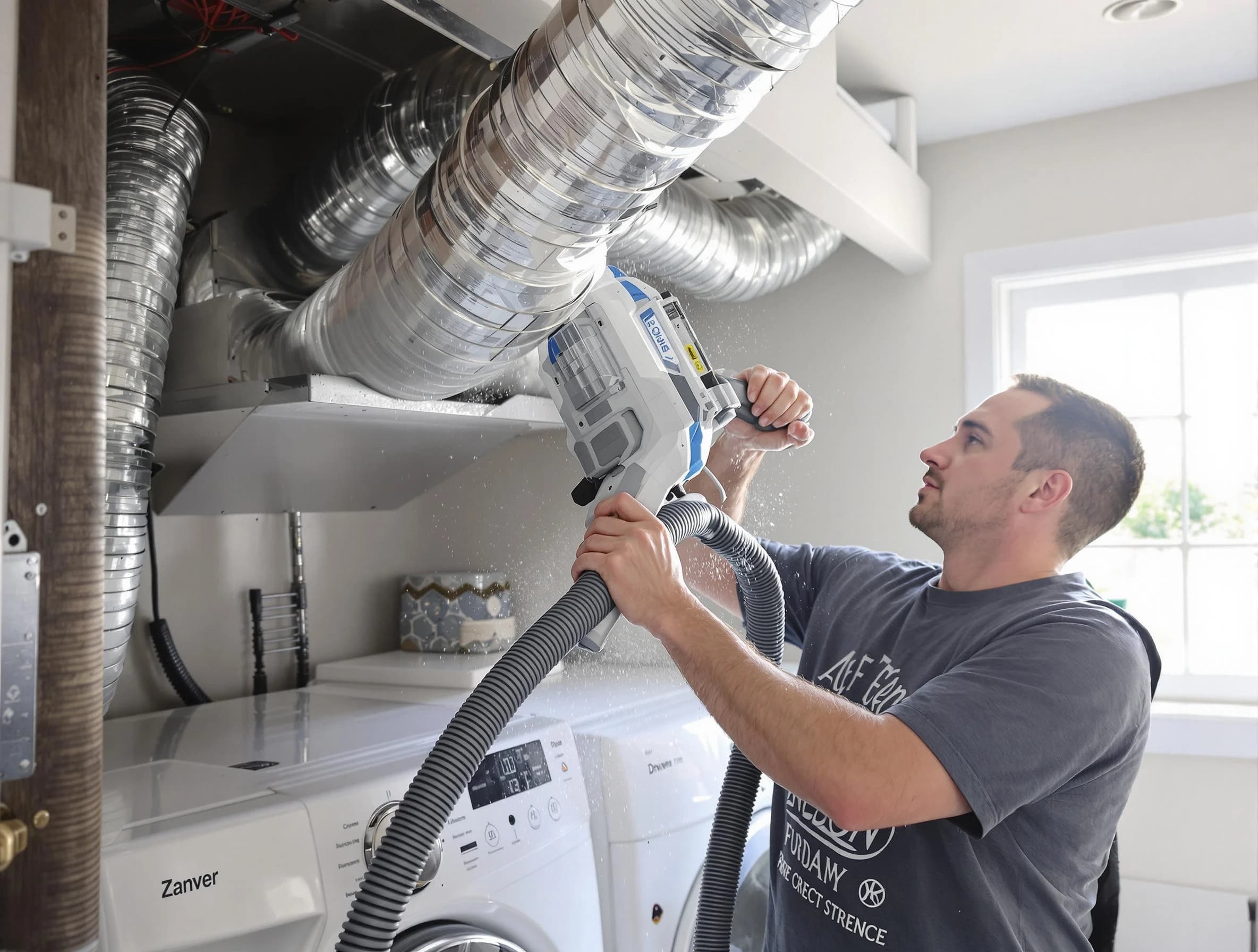 Santaquin Dryer Vent Cleaning specialist cleaning deep within a dryer vent duct system in Santaquin