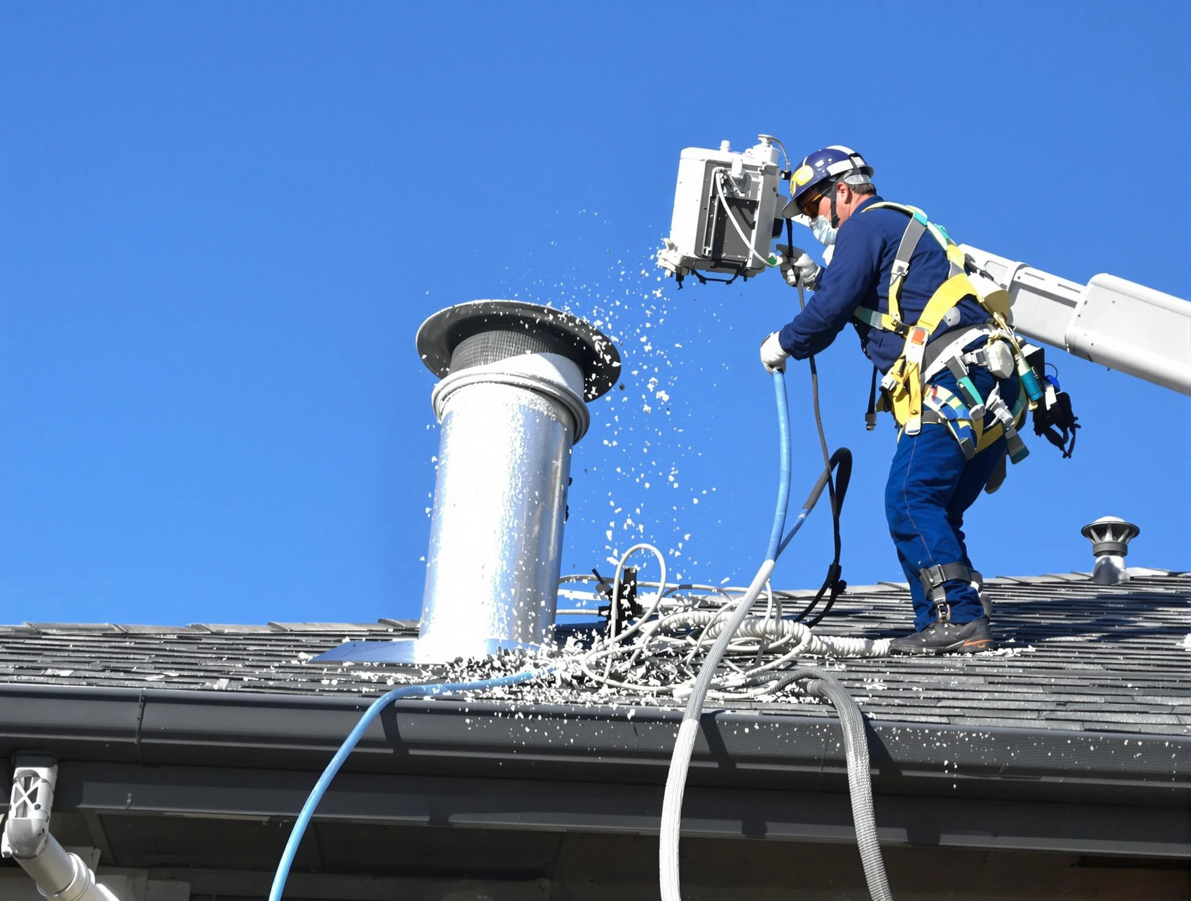 Santaquin Dryer Vent Cleaning certified technician safely cleaning a roof-mounted dryer vent in Santaquin